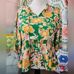 Umgee Green and Yellow Floral Blouse